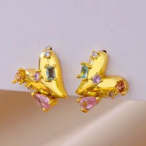 Golden Heart Earrings with multicolored gemstones